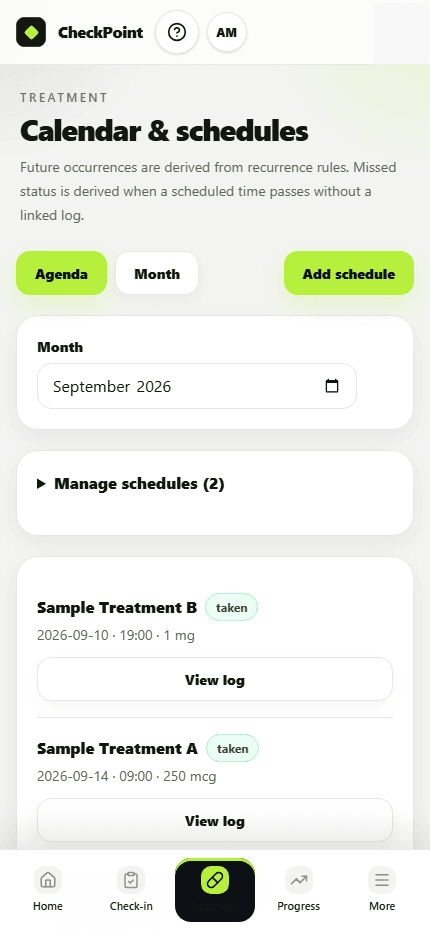 Checkpoint treatment calendar and schedules