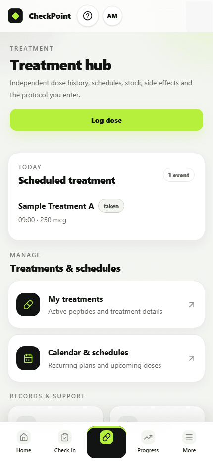 Checkpoint treatment hub showing a scheduled treatment and treatment tools
