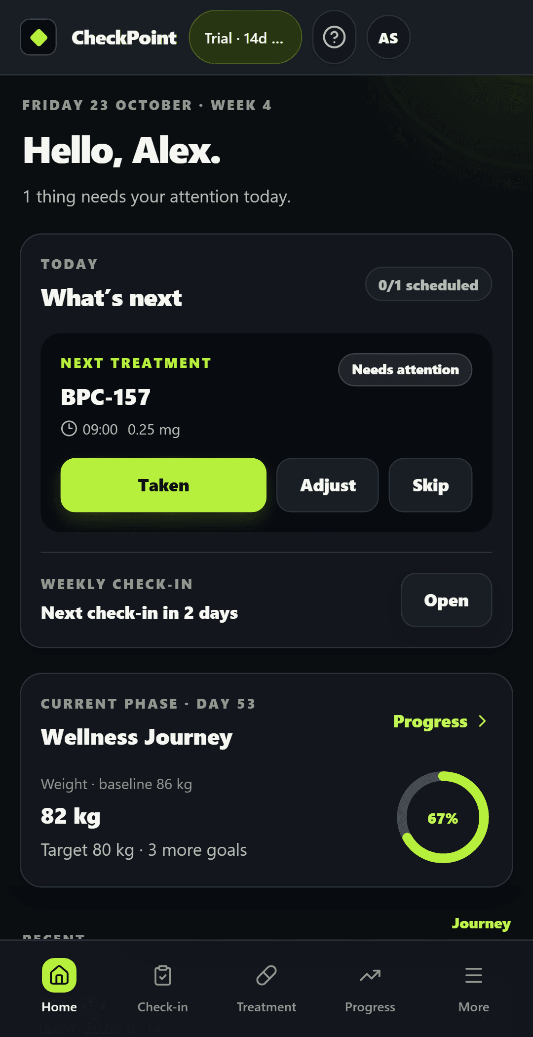 CheckPoint Dashboard screen with fictional treatment examples